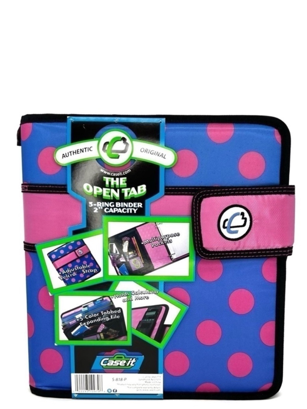 Case-It “The Open Tab” 2” Three Ring Binder Blue with Pink Polka Dots New NWT